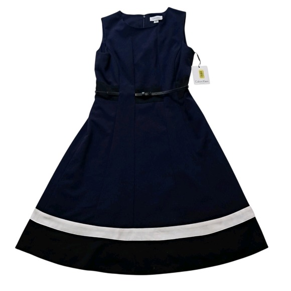 NWT Calvin Klein Dress Womens 4 Navy Blue Fit Flare Color Block Knee Length Work - Picture 1 of 11